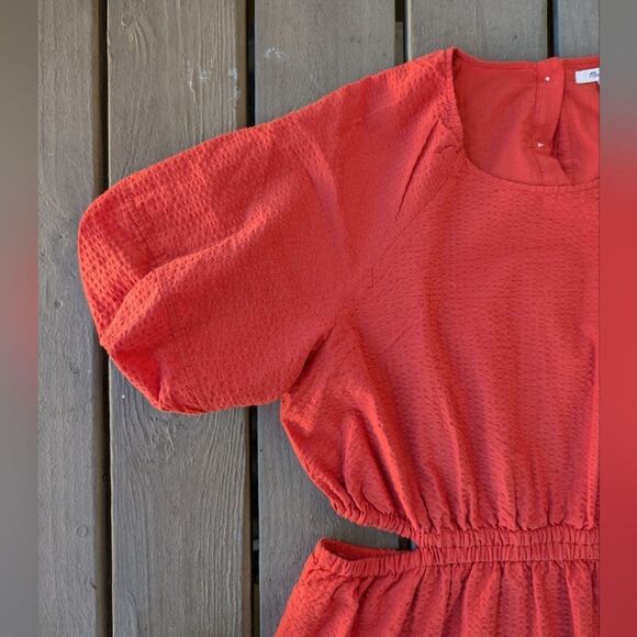 Madewell Orange Seersucker Puff-Sleeve Cutout Mini Dress XXL CottageCore Fall - Picture 8 of 9